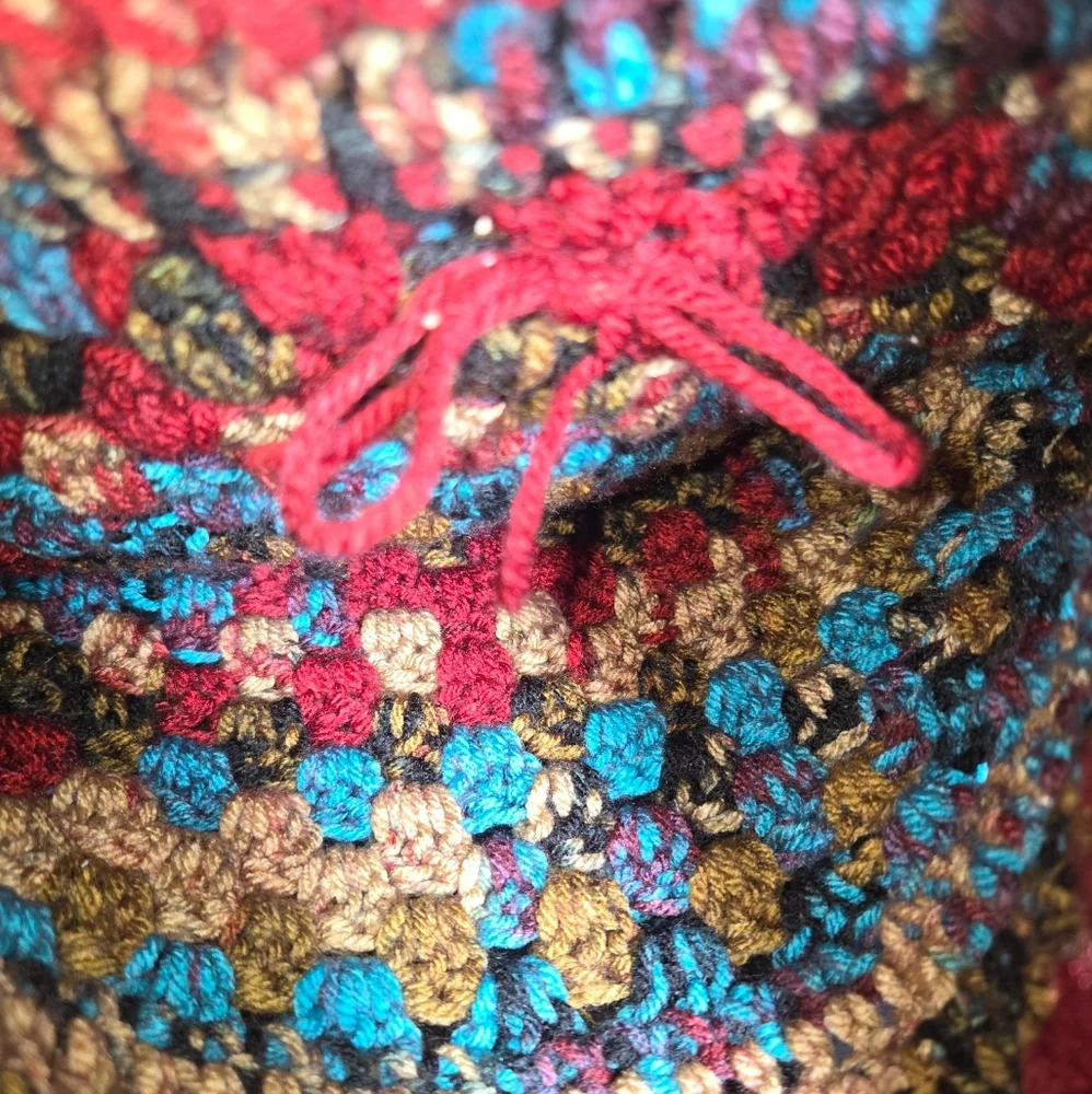 Hand Crafted Red, Gold & Turquoise Flower Accented Pom-Pom Beanie Hat‎ ONE SIZE